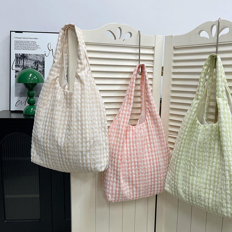 Mädchenhaftes Herz plissierte Puffschulter Tragetasche mintgrün kariert tragbar klein frisch Canvas Tasche Achseltasche