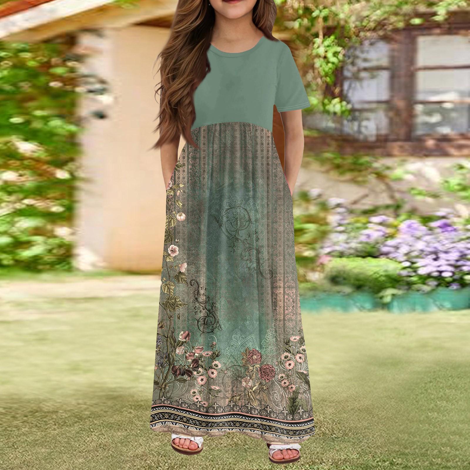 

Длинное летнее платье для девочек - платье макси с короткими рукавами и карманами для детей 4-14 лет 120