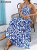Blue and White Porcelain Floral V-Neck Kimono Robe Dress for Holiday Beach Maxi Dress Women