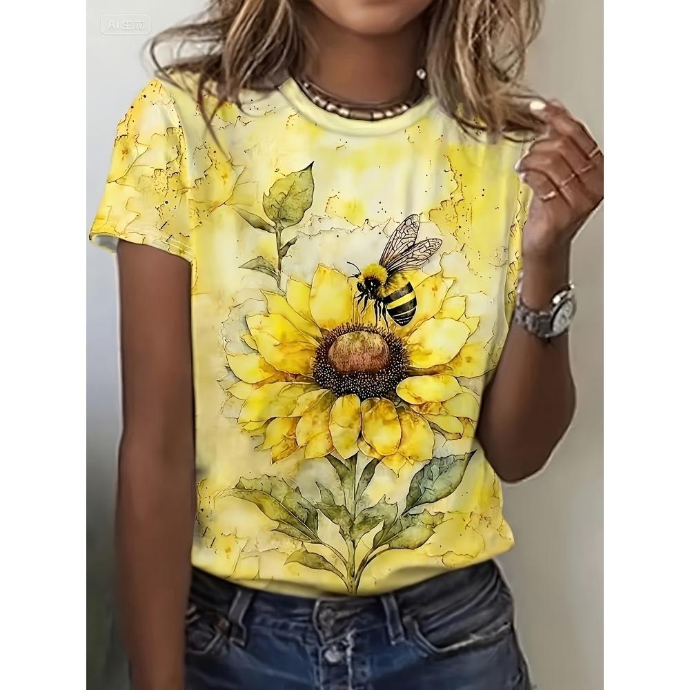 Women's Sunflower Bee Graphic T-Shirt Casual Short Sleeve Crew Neck Yellow Floral Print Summer Tee Lightweight Breathable Top