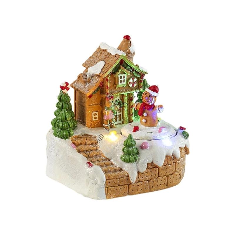 Q1FD Christmas Music Box Snow House Ornament with LED Light Handmade Desk Decoration
