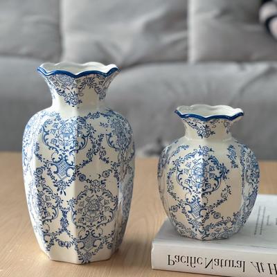 Peony Vintage Blue and White Porcelain Vase - New Chinese Style Flower Arrangement Decor for Living Room and Foyer.