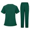 Women's Short Sleeved Color V Neck Pocket Top Pants Work Clothes Two Piece Set