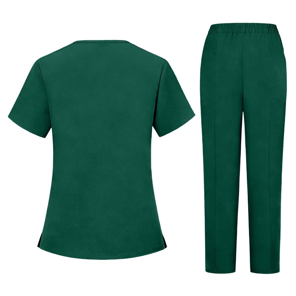 Women's Short Sleeved Color V Neck Pocket Top Pants Work Clothes Two Piece Set