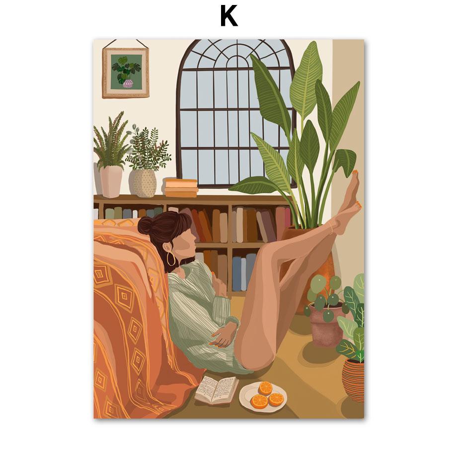 Abstrakcyjna moda dziewczyna czytająca joga odpoczynek liść palmowy plakat skandynawski ścienny drukowany obraz na płótnie malarstwo dekoracyjne zdjęcia do salonu