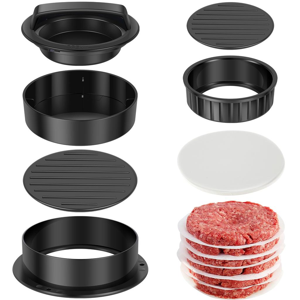 Hamburgerfleischpresse 3-in-1 Hamburgerpresse Patty-Hersteller mit 100 Stück Patty-Papier Abnehmbare Antihaft-Burgerform für die Küche