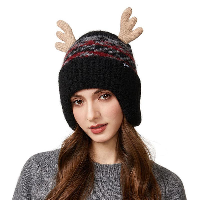 Christmas Antler Knitted Hat Women's Autumn Winter Warm Wool Hat Velvet Ear Protection Cap