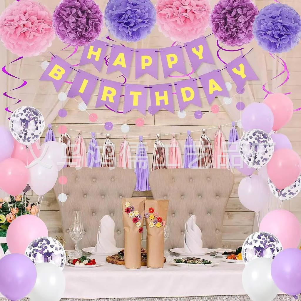 Birthday Decoration Set Happy Birthday Banner Tissue Paper Pompoms Tassels Hanging Swirls Balloons for Party Decor
