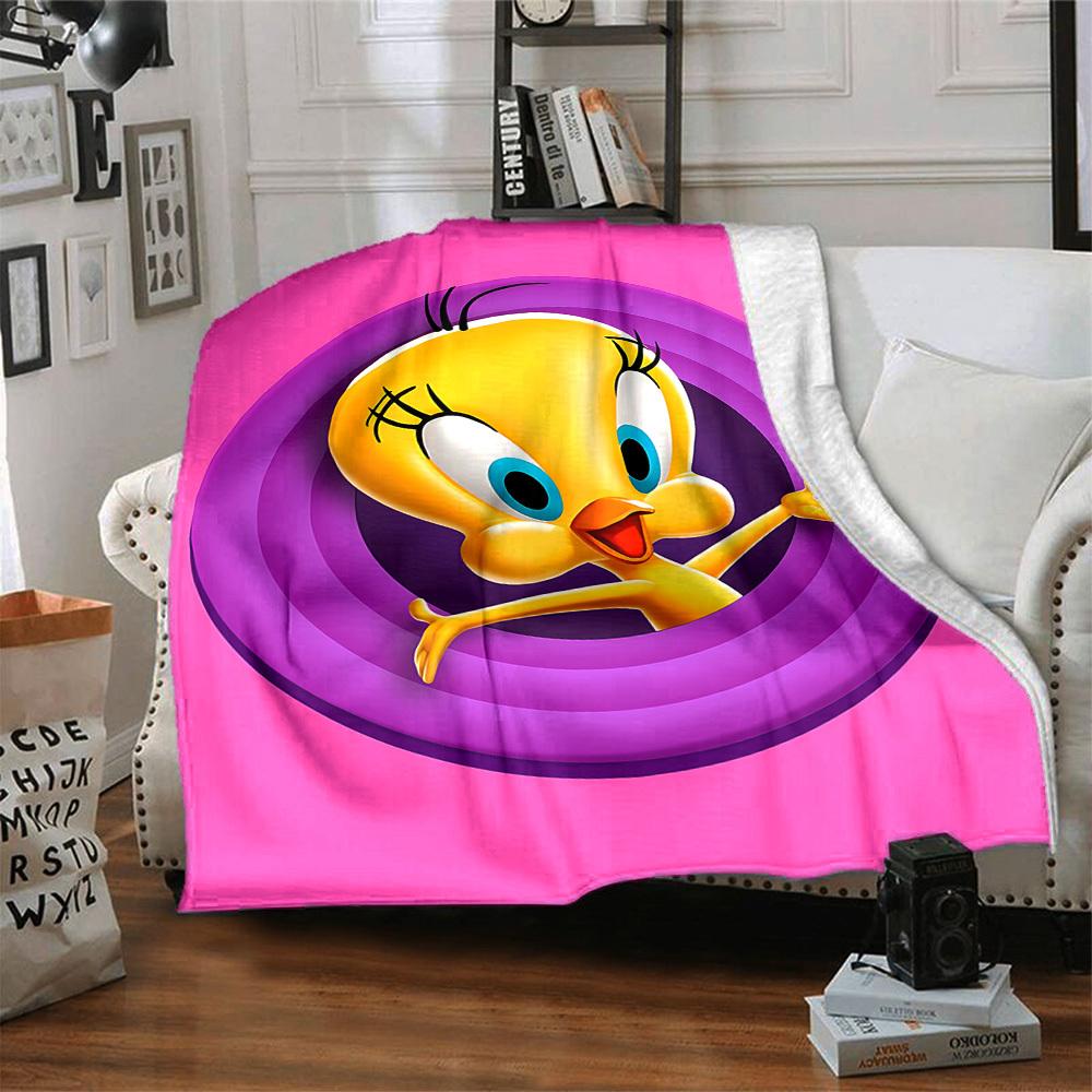 1 szt. Koc flanelowy Tweety Looney Tunes, Miękki, przyjazny dla skóry, z drukiem cyfrowym, Dostępny w różnych rozmiarach dla rodziny, przyjaciół, na urodziny