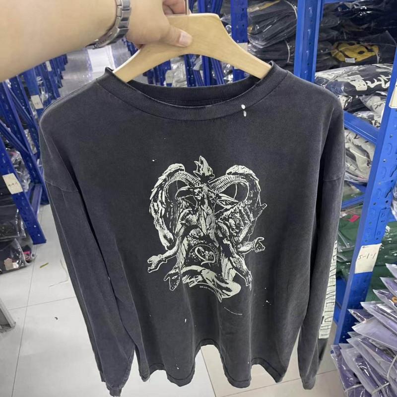 Mens Oversized Heavyweight Cotton Long Sleeve Tee With Distressed Graphic Print Streetwear Casual