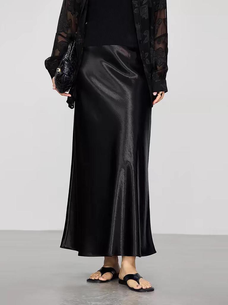 Women's French-Style Satin Midi Skirt - Light Luxury, High-Waist, Bodycon Mermaid Design for Spring and Autumn