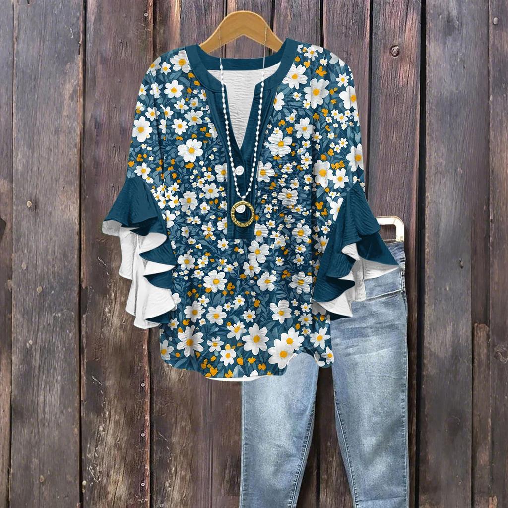 Tops For Women Cute Button V Neck 3/4 Sleeve Blouses Print Top Casual Shirts