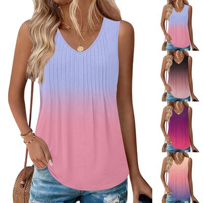 Women's Fashionable Sleeveless Vest With Pleats, V-neck, Tie- Gradient Color, Loose Fit, Flowy Summer Top