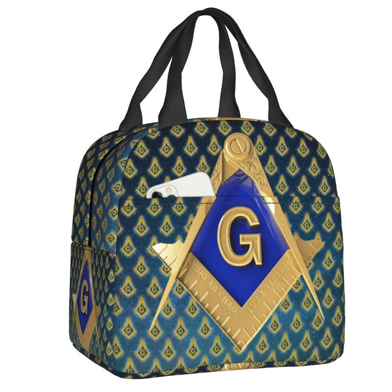 Custom Freemason Square & Compass Gold Masonic Thermal Insulated Lunch Bag Women Resuable Lunch Tote for Picnic Storage Food Box 22x20x13cm