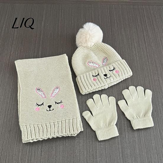Thermal Winter Accessories for Boys Girls Hat Gloves Scarf Set Kids, Warm Knitted Pompom Hat, Cute Outings Bunny Embroidery, Cozy Ages 2 to 6 Gift