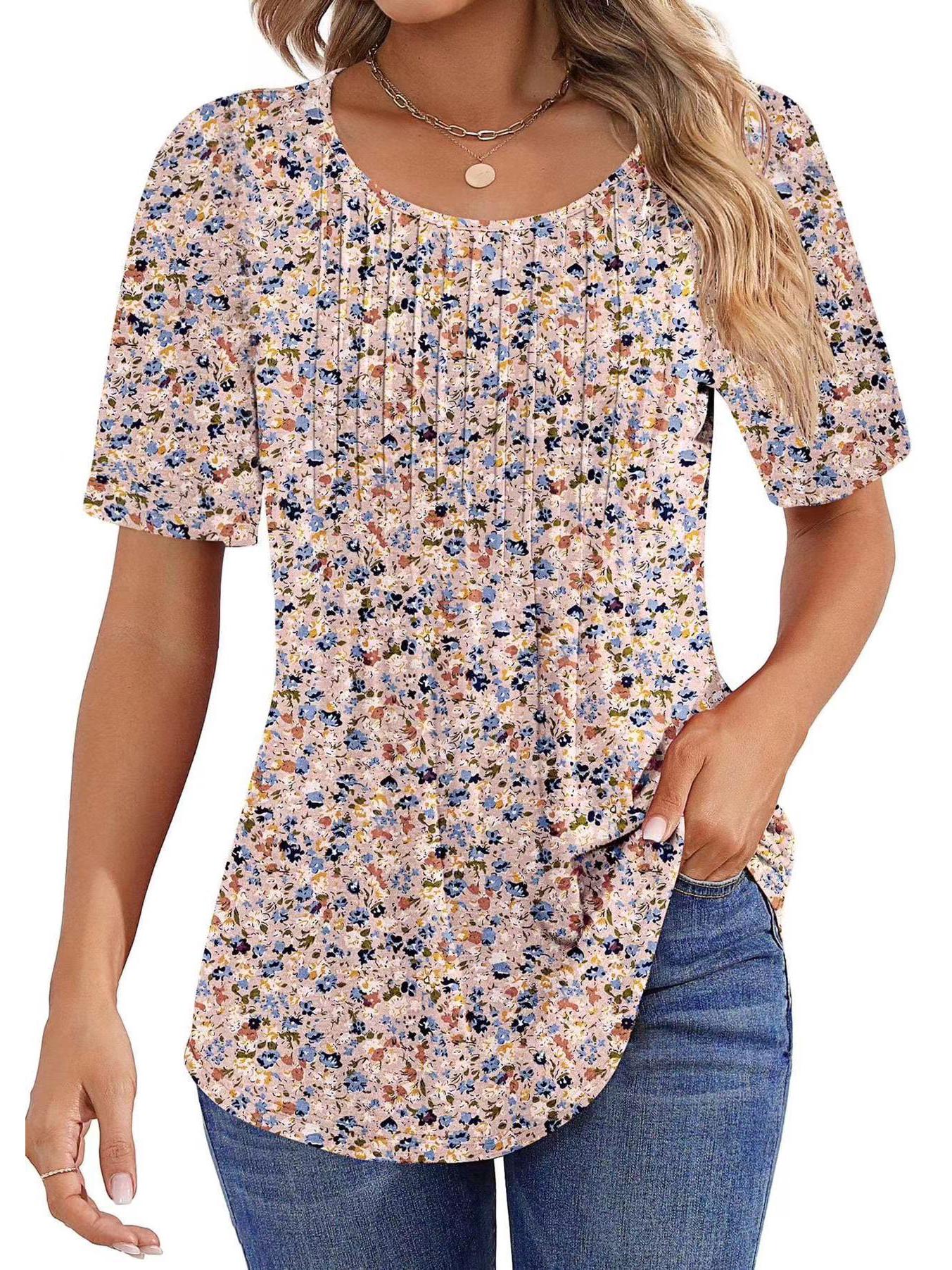 

Summer 2026 Women s Short Sleeve Pleated Round Neck Printed T-Shirt Top Triple Extra Large рожевий/квітковий
