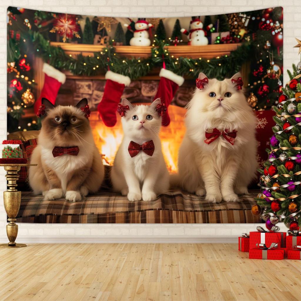 Vintage Christmas Fireplace Tapestry: Holiday Tree Photo Background Hanging Cloth