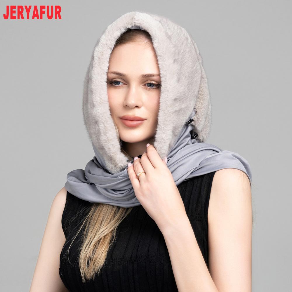 JERYAFUR Women Faux Fur Hooded Scarf, 2‑in‑1 Warm Plush Hat Scarf Combo for Cold Winter Daily Outdoor Wear