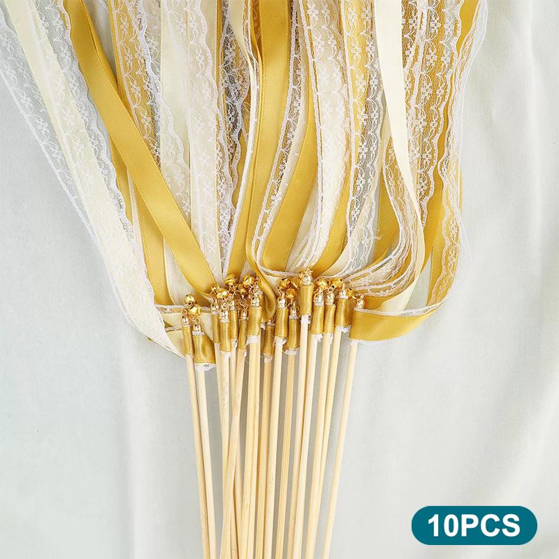 

10Pcs Multiple Colors Ribbon Wands Fairy Sticks Wedding Lace Streamers Stick With Bell Wedding Decor Bridal Shower Party Favors yellow