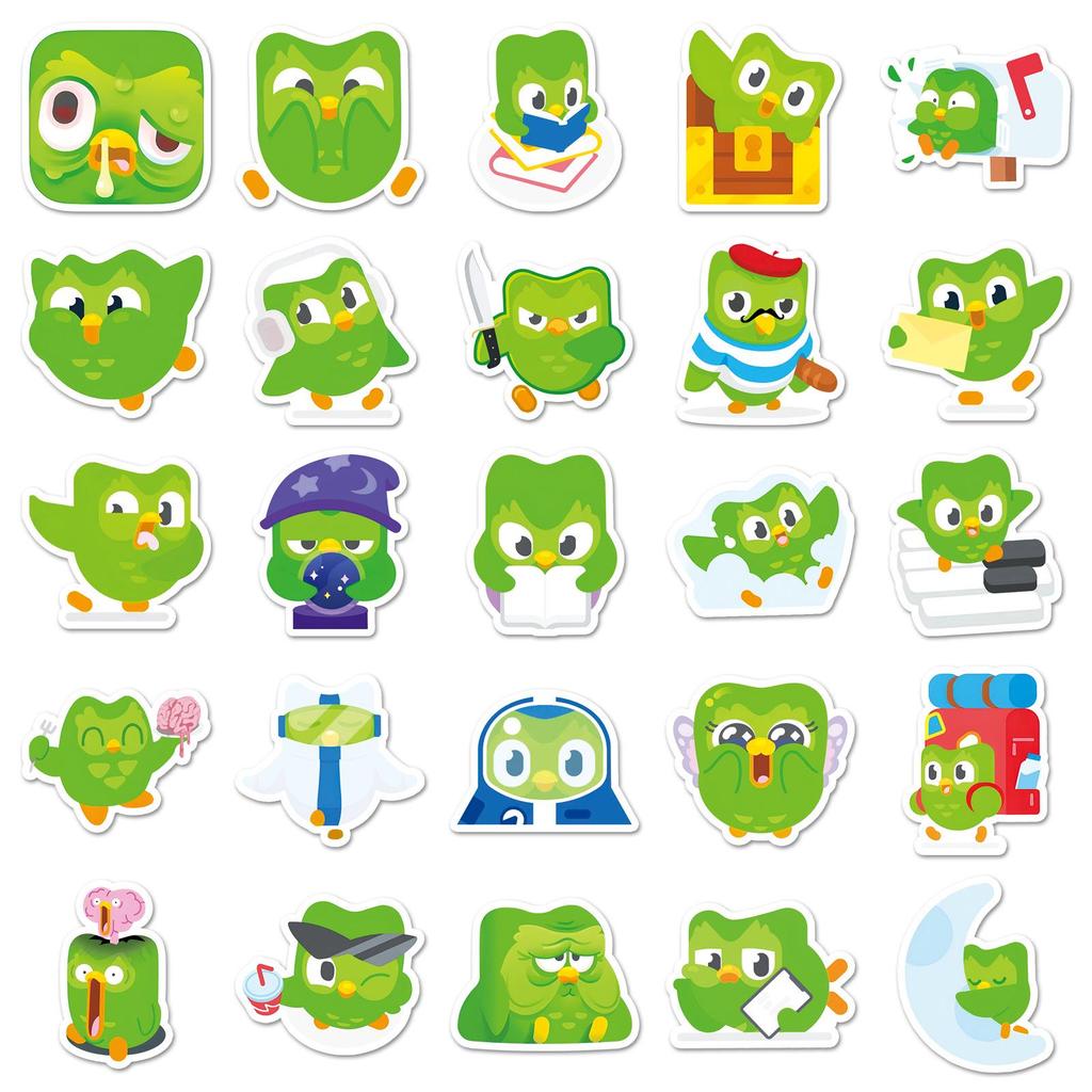 Duolingo Green Owl Cartoon Waterproof Stickers (50-Pack) - Perfect for Headphones, Notebooks, and Phone Cases