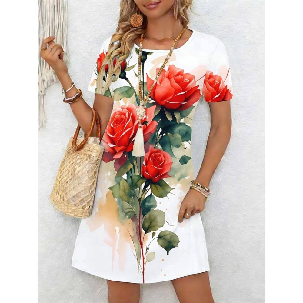 Ladies' Summer Short Sleeve Round Neck Casual Dress 3D Red Rose Pattern Print Comfortable Elegant Women's Clothing