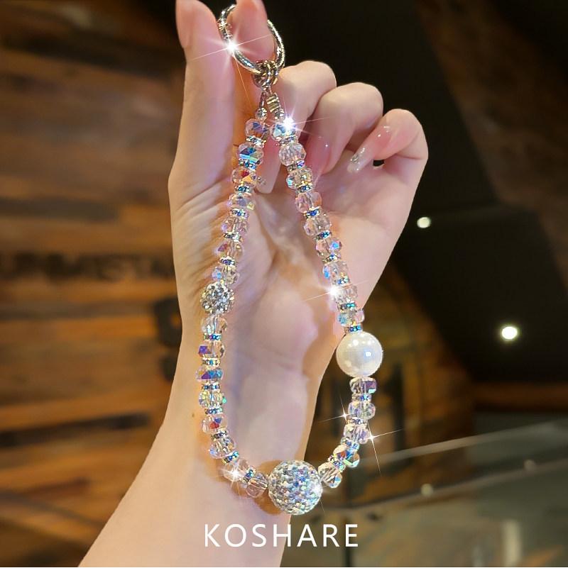 streamer broken diamond pearl mobile phone chain light luxury high-end crystal bag pendant portable hanging chain women's pendant