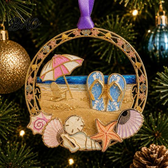 Tropical Beach House Decor Christmas Ornaments, Vacation Themed Tree Hanging Decoration, Acrylic Decorative Lanyard for Walls Slipper Shell