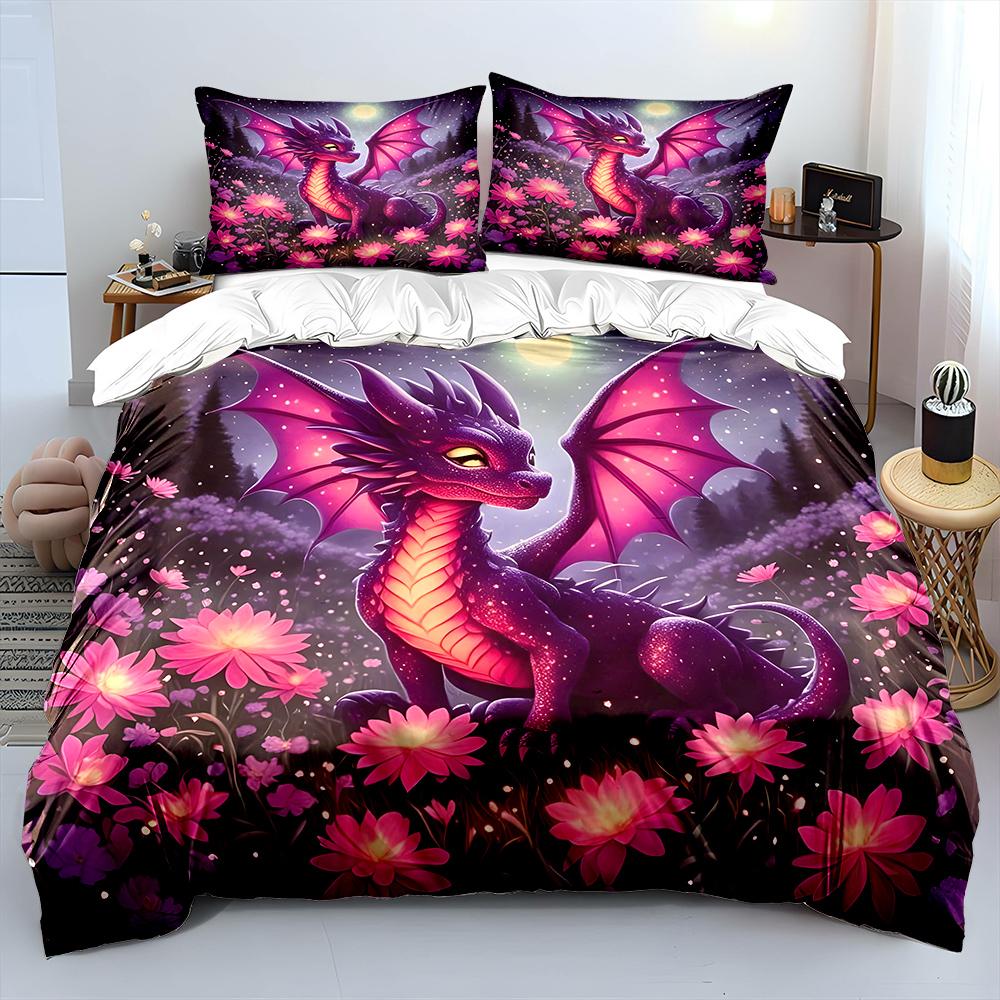 Purple Dragon In Moonlit Flowers Print Bedding Set 1 Duvet Cover 2 Pillowcases For Adult And Children Luxury Gift Full Size