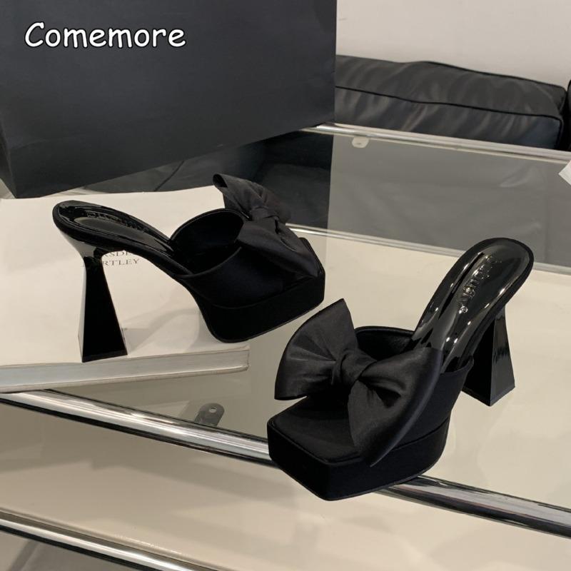 Bow Fashion Slippers Women Chunky Heel Square Toe Platform Sandals Women's 13/15CM High Heels Black Shoes Elegant Sandalias
