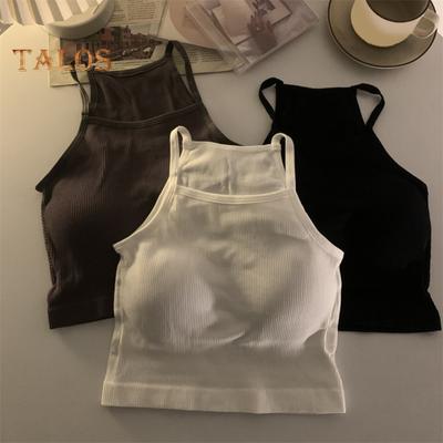 Damen Gepolstertes Rippen-Tanktop Sommer Ärmelloses Racerback Basic Top mit integriertem BH Spaghettiträger Camisole Crop Top