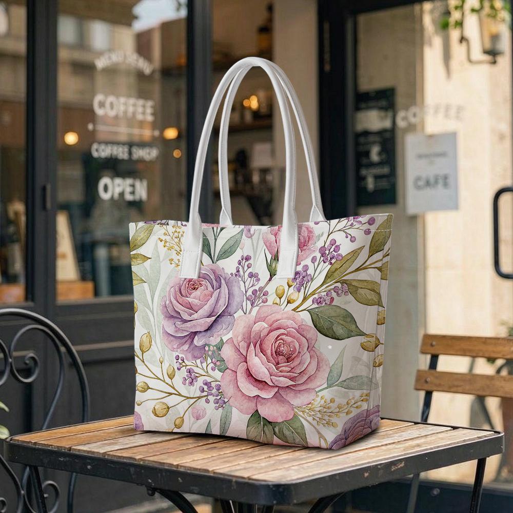 Elegant Floral Print Casual Tote Bag Lightweight Portable Daily Handbag for Outdoor Shopping Commute