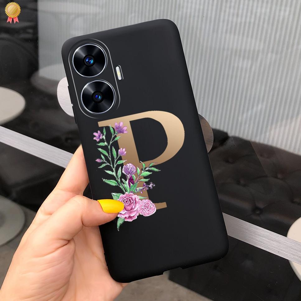 For Realme C55 C 55 6.72'' Case Delicate Cute Letters 3D Crown Flowers Matte Shockproof Soft TPU Silicone Phone Case Back Cover