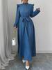 P231TEMU Retro Stehkragen Rüschenkleid mit Taillenbindegürtel - Frühlings-/Herbststil
