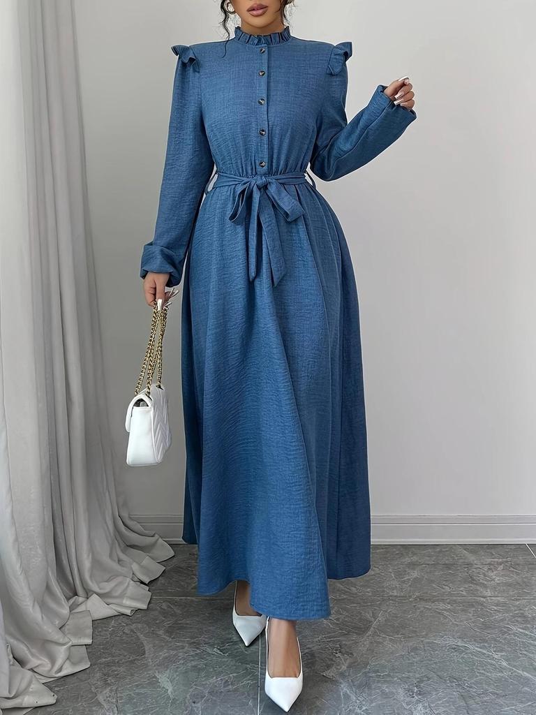 P231TEMU Retro Stehkragen Rüschenkleid mit Taillenbindegürtel - Frühlings-/Herbststil