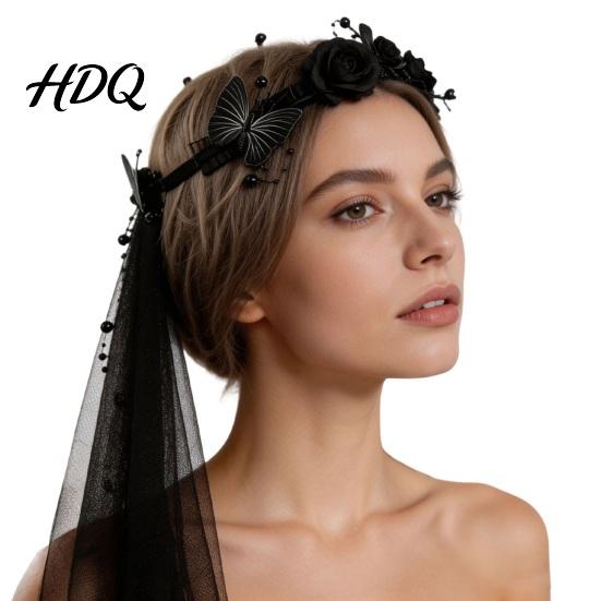 Dark Bride Cosplay Accessory Rose Black Butterfly Veil Headband Hair Hoop