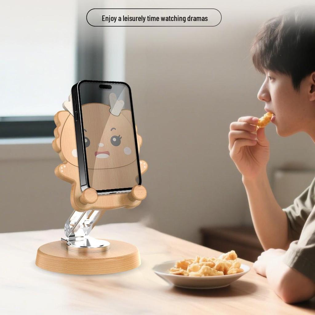 Creative Cartoon Phone Stand: Cute, Fun Solid Wood & Aluminum Alloy, Thickened Base, 360° Rotating Rod, Unique Gift.