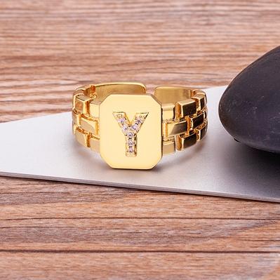 New Arrival Fashion Gold Color Initial Ring Open Design Adjustable Hot Sale Watchband Chain A-Z Letters Zircon Rings For Women