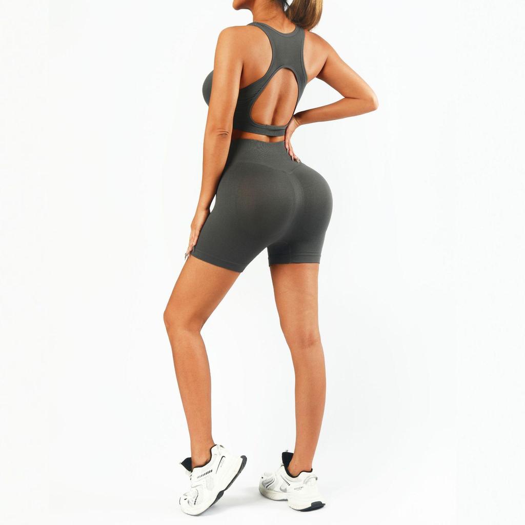 Women's High-Waisted Butt-Lifting Yoga Set: Slimming Three-Quarter Pants & Backless Push-Up Bra