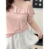 Plus size women clothing [Frill off-the-Shoulder T] Chubby Girl Design Sense Short sleeve T-shirt Summer All-Match Belly Covering Slimming Top