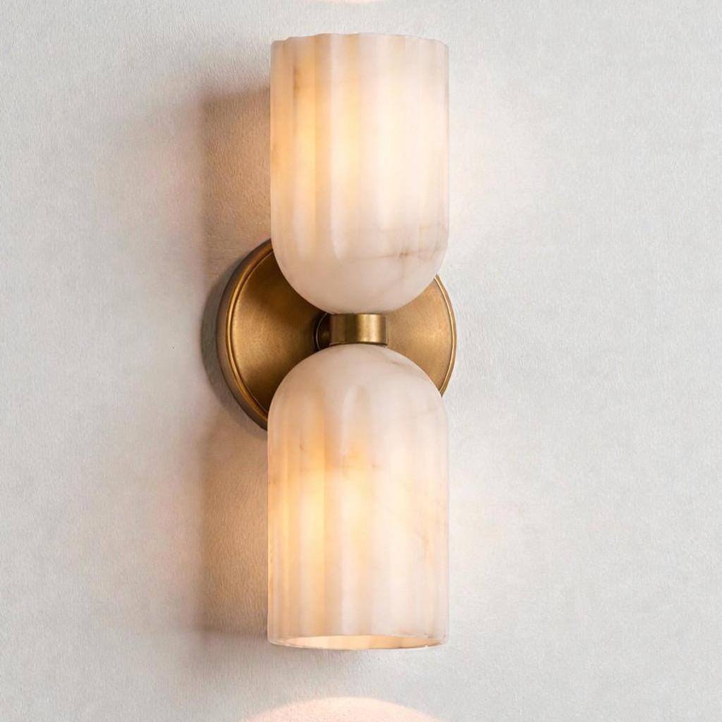 Double Brass Alabaster Wall Sconce | Mid Century Modern Luxury Wall Light | Bedroom Hallway Decor