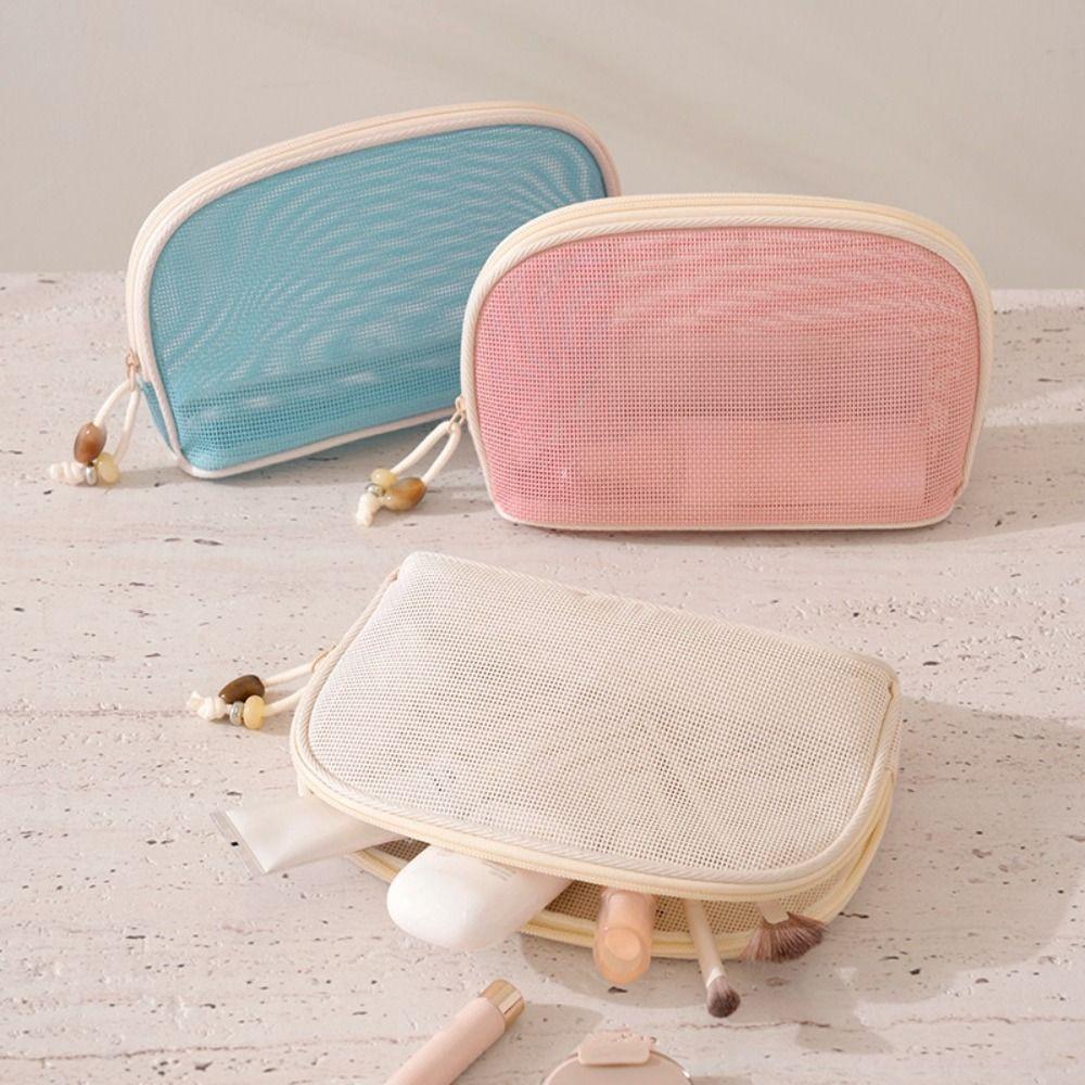 Portable Mesh Cosmetic Bag Zipper Closure Transparent Makeup Handbag Large Capacity Lightweight Storage Pouch