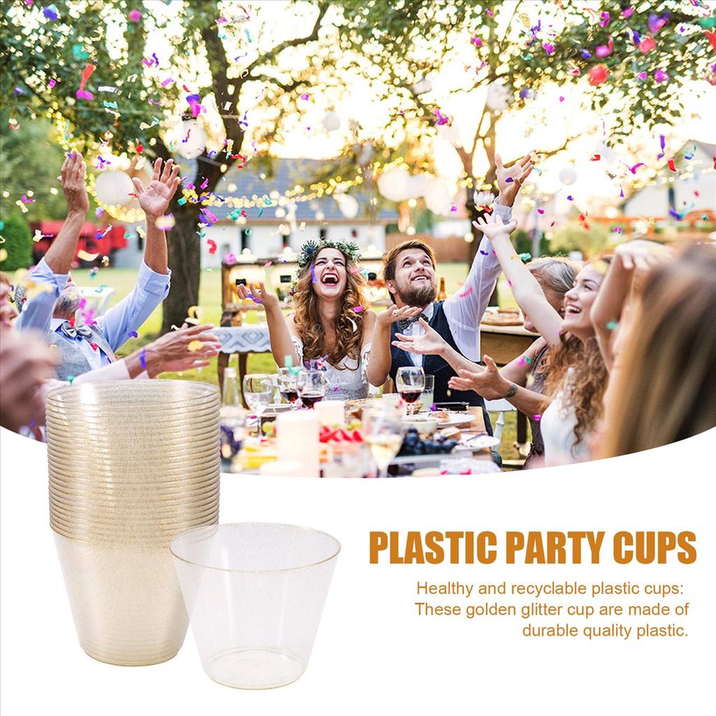 BHBL Gold Plastic Cups Clear Plastic Wine Glasses, Fancy Disposable Hard Plastic Cups with Gold Glitter for Party Cups 50Pcs