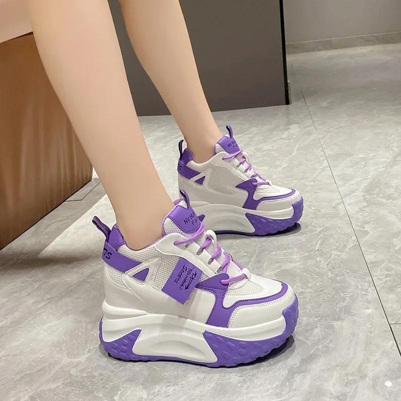 Fashion 11CM Women High Platform Sneakers Autumn Breathable Chunky Non-slip Dad Casual Shoes Thick Sole Trainers Leather Sneakers Woman