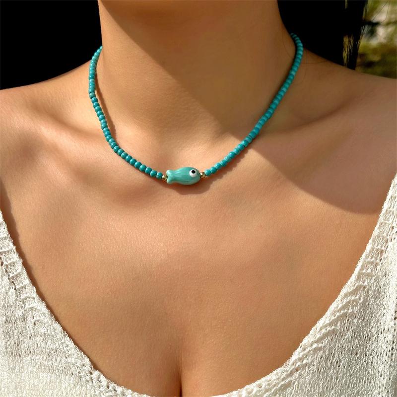 Bohemian Sea-Inspired Fish Pendant Necklace For Women Fashion With Synthetic Turquoise Beads Beach Jewelry Gifts Wholesale