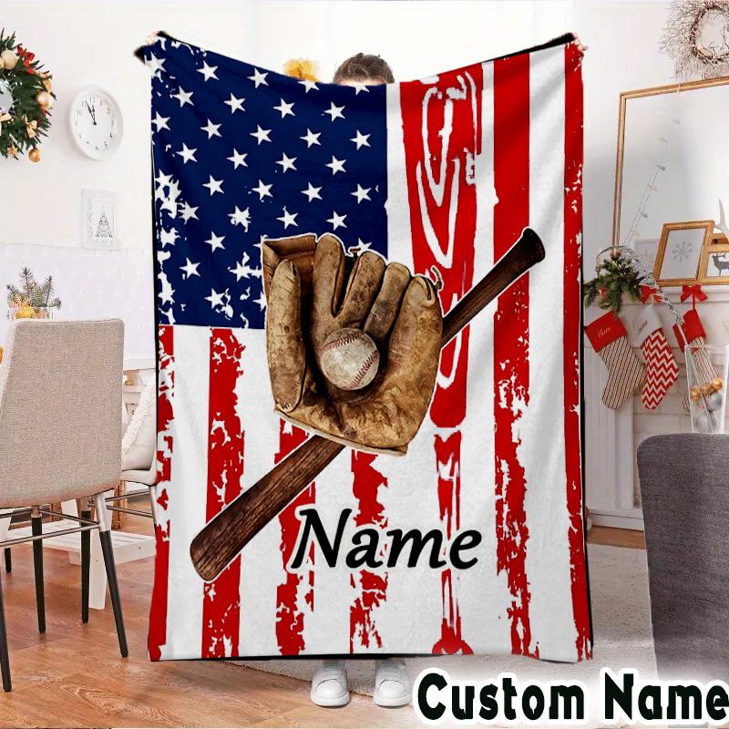 Custom Name Baseball Glove Bat Throws Blanket Flannel Blankets for Couch Bed Gifts for Men Women Picnic Blanket Christmas Fan Gifts