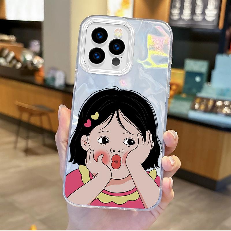 Fun Personality Cute Girl Cartoon Phone Case for iPhone16 15 14 13 12 11 8 7 6 Pro Max Plus XS XR Gradient Shockproof Back Cover