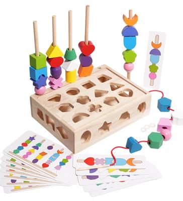Shinse Montessori Educacional Fio de Enfiamento Palito Combinando para Crianças Pequenas Idades e Destreza Forma e Cor Brinquedo de Madeira Colorido Inicial para Meninos e