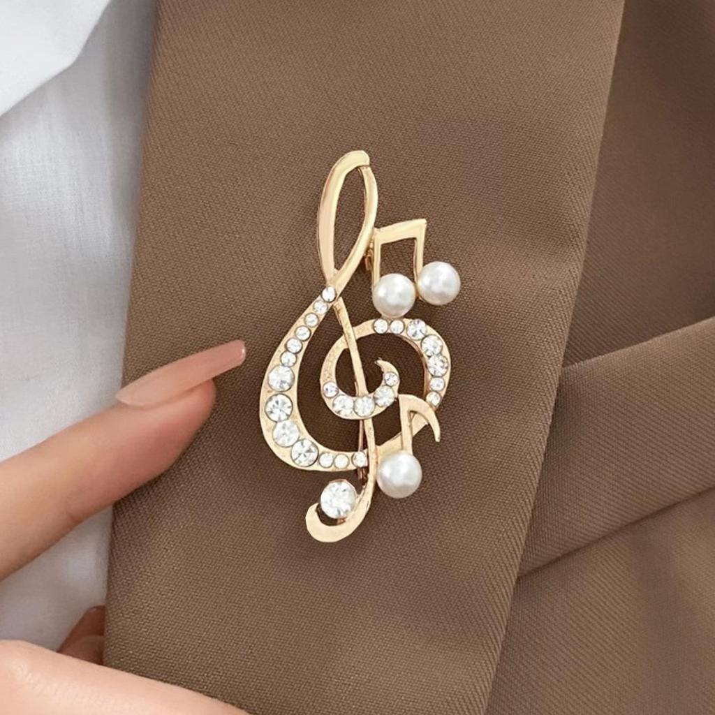 Rhinestone Faux Pearl Musical Note Lapel Brooch Pin