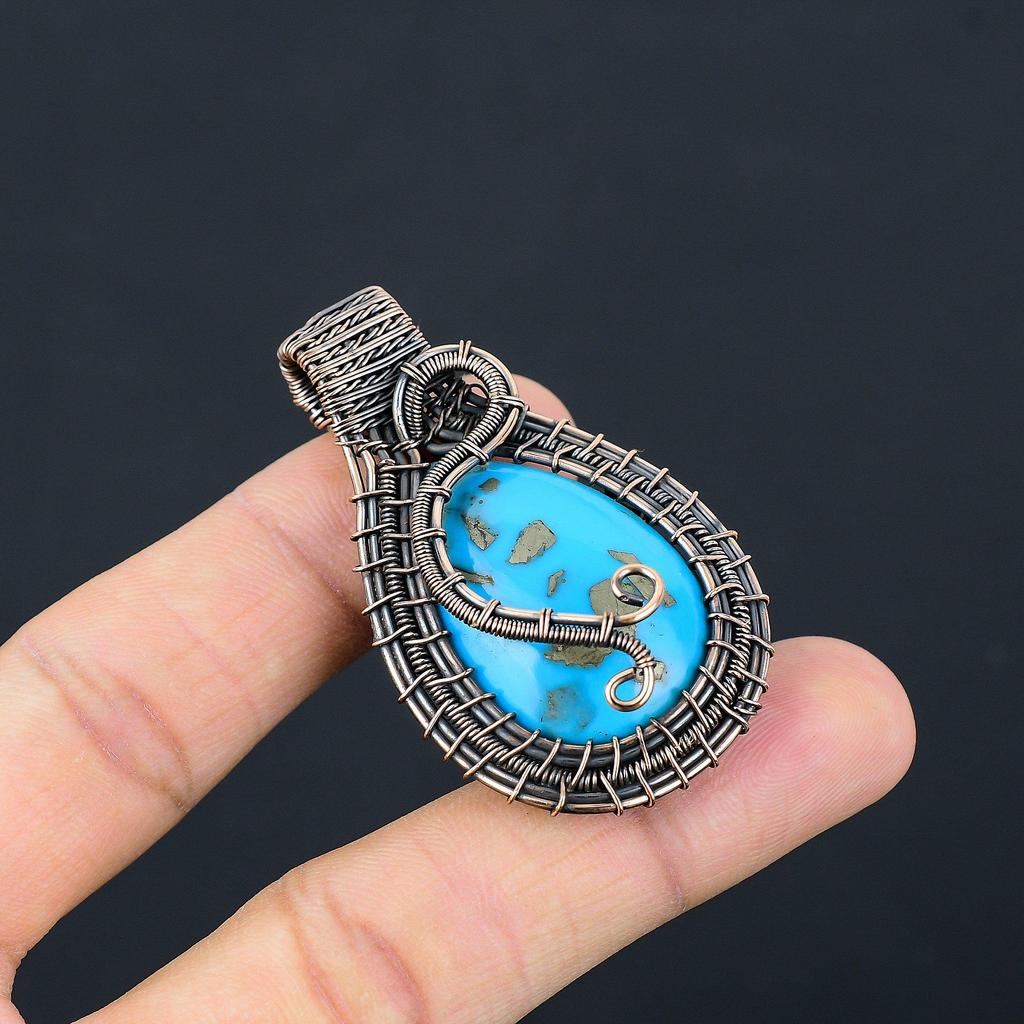 Irani Turquoise 999 Copper Wire Wrapped Pendant, Handmade Gemstone Pendant Jewelry, Gifts For Wife Brand New Pendant
