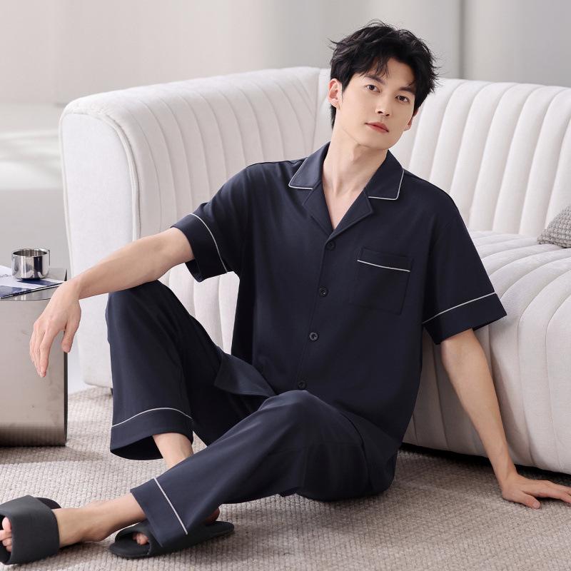 Men's 100% Cotton Summer Pajama Set: Loose Short Sleeve Top & Long Pants for Middle-Aged Dads, Plus Size, High-End Comfort Home Wear